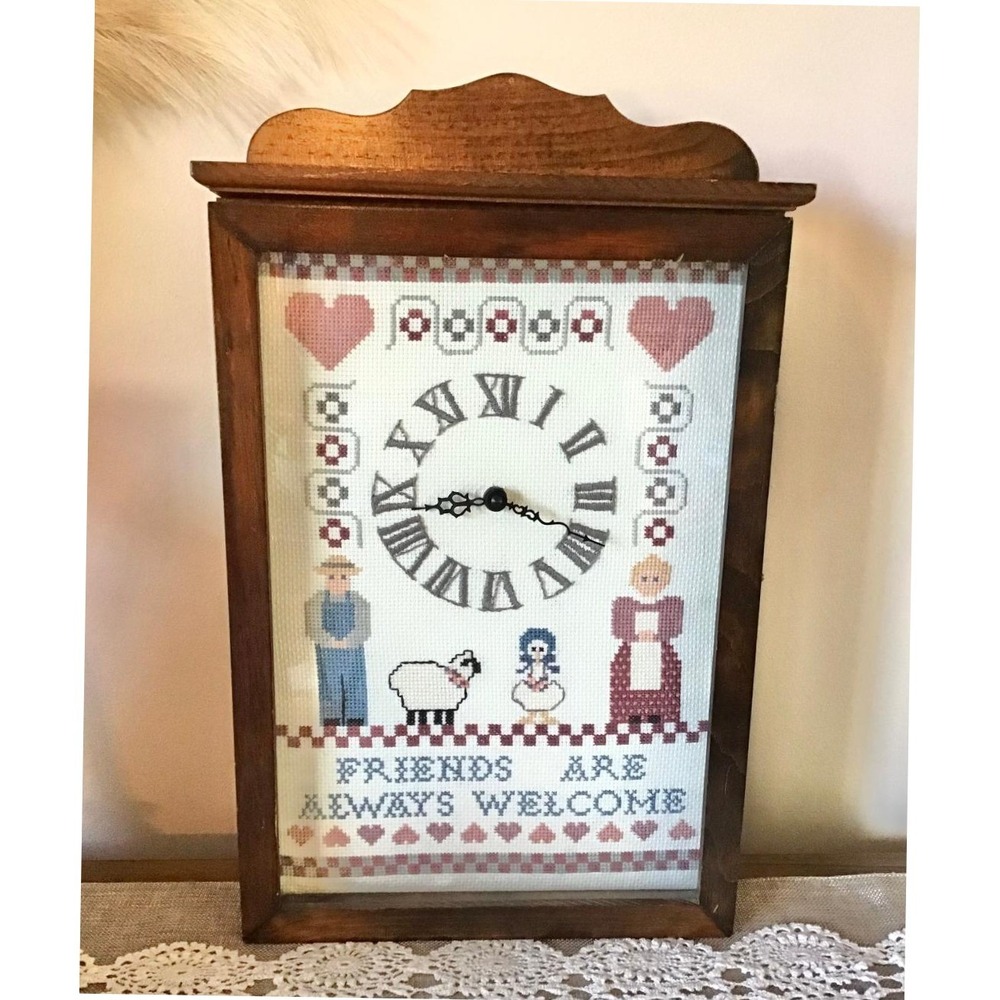 VTG Country Cross-Stitch Wood Shadow Box Wall Clock Cross Stitch Folk Art 18"x11